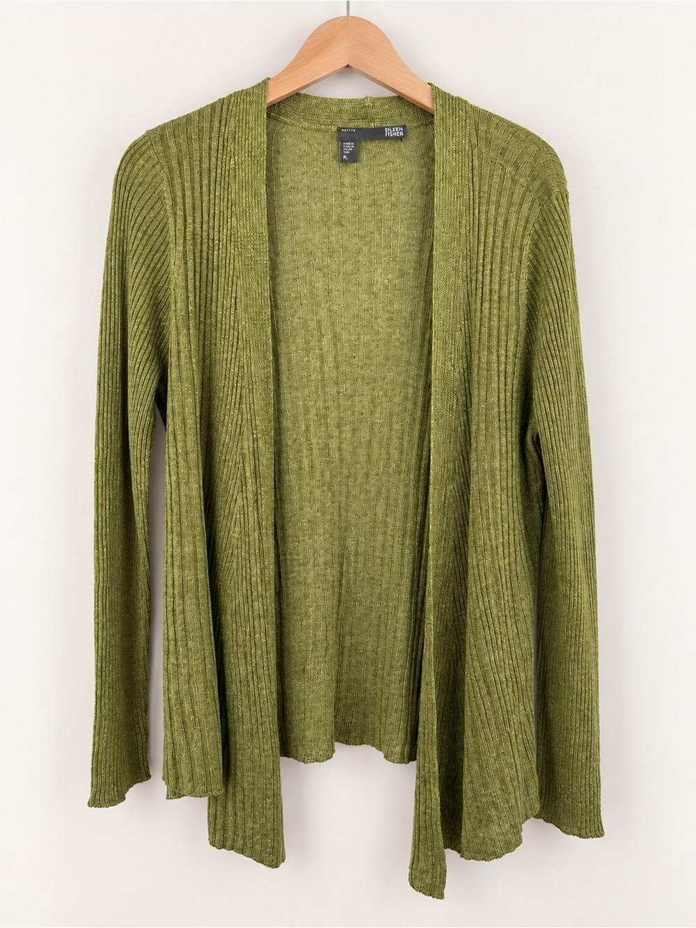 Eileen Fisher Petite Olive Green 100% Linen Ribbed Open Front Cardigan PL